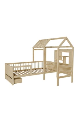 Přírodní dětská postel domeček s úložným prostorem a stolem